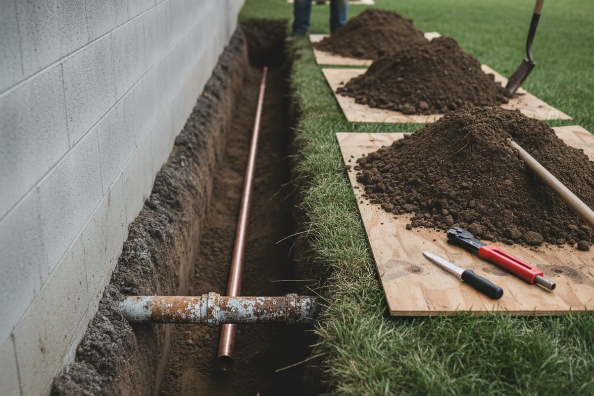 Excavated water line trench during Water Heater Repair in Beechgrove